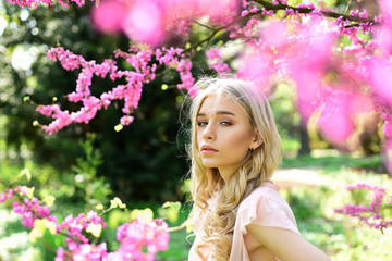 Obraz premium Spring bloom concept. Girl on dreamy face, tender blonde near violet flowers of judas tree, nature background. Lady walks in park on sunny spring day. Young woman enjoy flowers in garden, defocused.