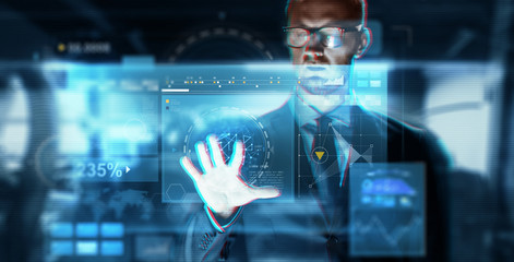 business, augmented reality, technology and cyberspace concept - close up of businessman in suit working with virtual screen over abstract background