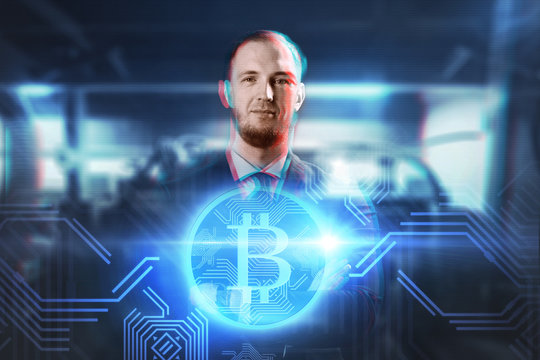 cryptocurrency, finance and business concept - close up of businessman with virtual bitcoin symbol hologram over abstract background