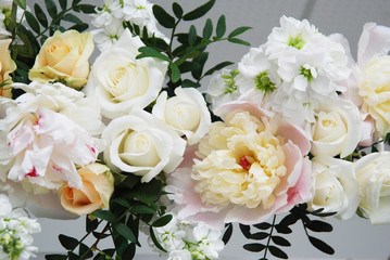 Flower Arrangement, Wedding, Engagement, Decorative Arch concept. flower Bouquet Composition Composed of great Peonny and delicate white roses.