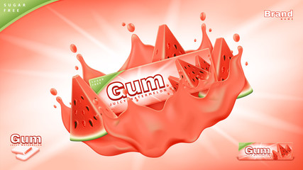 Bubble gum ads banner template. Commercial background with juicy watermelon gum. Realistic vector illustration with 3d objects. - obrazy, fototapety, plakaty