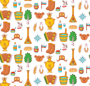 Russia symbols traditional souvenirs seamless vector pattern