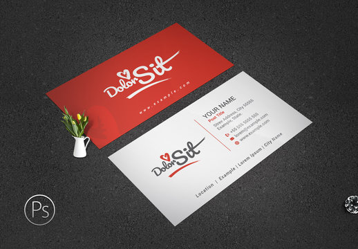 Business Card Layout with Hearts and Red Accents