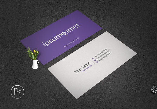 Business Card Layout with Purple Accents