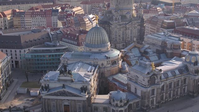 Aerial Drone 4k - Art academy in Dresden Germany Fama Gold Figure - flying forwards to building