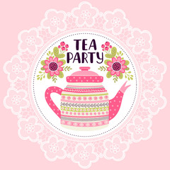 Template greeting card or invitation with flowers and teapot. Can be used for scrapbook, banner, print and etc.