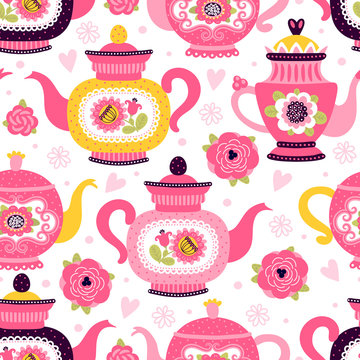 Seamless pattern with teapots. Can be used on packaging paper, fabric, background for different images, etc.