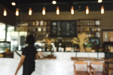 Blurred cafe counter with staff and bokeh background.