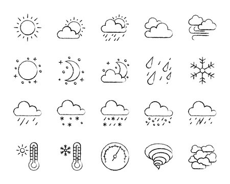 Weather charcoal draw line icons vector set