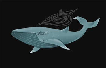 Graphic cartoon illustration of blue whale, isolated on a black background. The whale  with fountain.