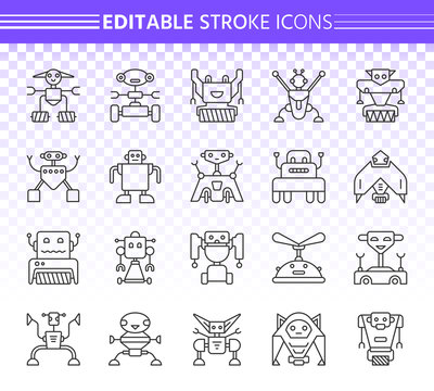 Robot simple black line icons vector set