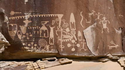 Petroglyphs on the Kohta Circus petroglyph panel in Gold butte National Monument, USA