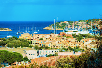 Cityscape with Luxury yachts at marina Porto Cervo Sardinia Italy