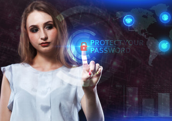The concept of business, technology, the Internet and the network. A young entrepreneur working on a virtual screen of the future and sees the inscription: Protect your password