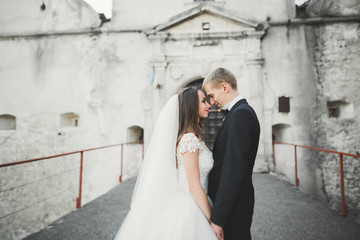 Fototapeta premium Amazing happy gentle stylish beautiful romantic caucasian couple on the background ancient baroque castle