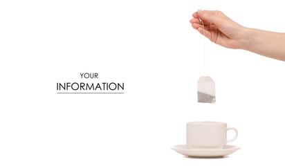 A cup and saucer tea bag in hand pattern
