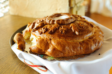 Wedding loaf. Bread and salt for the bride and groom Russian wedding tradition.