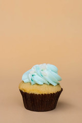 sweet cup cake dessert on yellow background and copy space