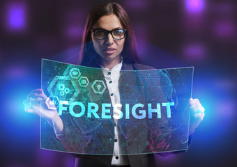 The concept of business, technology, the Internet and the network. A young entrepreneur working on a virtual screen of the future and sees the inscription: Foresight