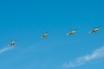 Moscow, Russia. May 9, 2018. Military helicopter against the blue sky