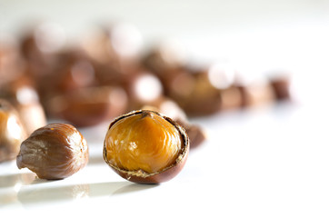 Chestnut roasted and put on white background, Blurred and Selective focus.