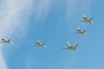 Moscow, Russia. May 9, 2018. Military aircraft against the blue sky