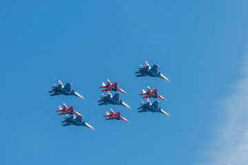 Moscow, Russia. May 9, 2018. Military aircraft against the blue sky