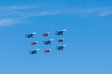 Moscow, Russia. May 9, 2018. Military aircraft against the blue sky
