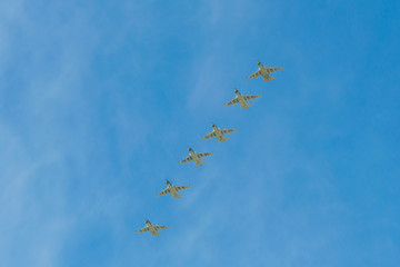 Moscow, Russia. May 9, 2018. Military aircraft against the blue sky