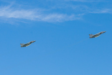 Moscow, Russia. May 9, 2018. Military aircraft against the blue sky