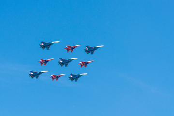 Moscow, Russia. May 9, 2018. Military aircraft against the blue sky