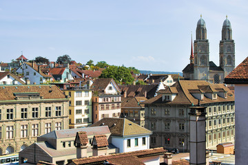 Fototapeta na wymiar Double towers Grossmunster Church Zurich Switzerland from Lindenhof