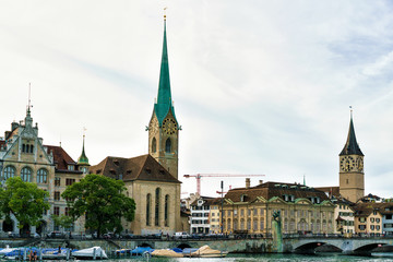 Saint Peter Fraumunster Church at Limmat River quay Zurich