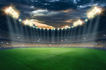 Fototapeta na wymiar Stadium in the lights and flashes, football field. Concept sports background, football, night stadium. Mixed media, copy space.