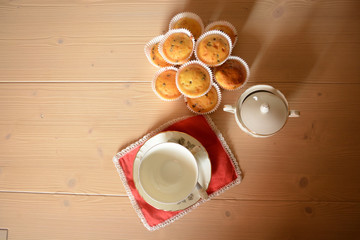 Top view of Breakfast set with some muffins/Top view of typical italian breakfast set with cup of milk and cup of sugar and pancakes