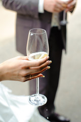 A female hand holds a glass of champagne. Drops of champagne on the hand.