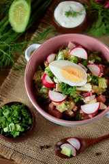 Ingredients for preparing the cold soup okroshka. Russian cuisine traditional meal