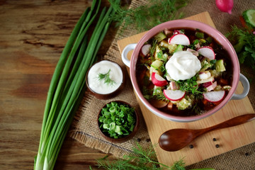 Okroshka with kvass topped with sour cream in a tureen. Traditional meal of the Russian cuisine