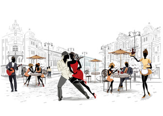 Series of the street cafes with people, men and women, in the old city, vector illustration. Waiters serve the tables. 
