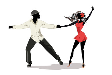 Obraz premium Romantic couple in passionate Latin American dances. Salsa festival. Hand drawn poster background. 
