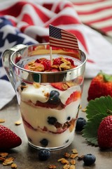 American flag red blue white yogurt berry Parfait, selectivefocus