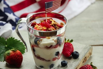 American flag red blue white yogurt berry Parfait, selectivefocus