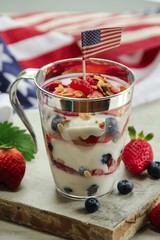 American flag red blue white yogurt berry Parfait, selectivefocus