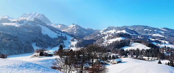 Gordijnen Beautiful landscape in Gruyeres region at winter Switzerland © Roman Babakin