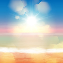 Sea sunset with the sun and light on lens. EPS10 vector.