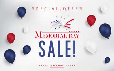 Banner for Memorial day sale design. Memorial day sign on a dark blue background with 3d percent symbol. Vector illustration for business promotion.