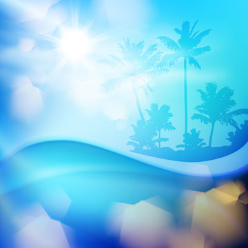 Water wave and island with palm trees in sunny day. EPS10 vector.
