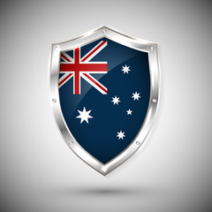 Australia flag on metal shiny shield vector illustration. Collection of flags on shield against white background. Abstract isolated object