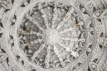 Ancient Architectural Ornament, Stone Carving Decorations Inside Ranakpur Jain Temple in Rajasthan, India