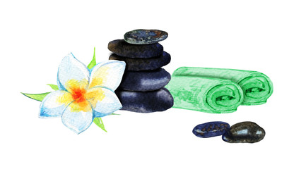 Hand drawn watercolor illustration of towels, pyramid of stones and white flower for wellness spa resort